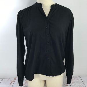 Black Silk Like Button Down Lace Shoulder Back